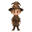 a boy in an old tunic wearing a wizard hat