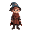 a boy in an old tunic wearing a wizard hat