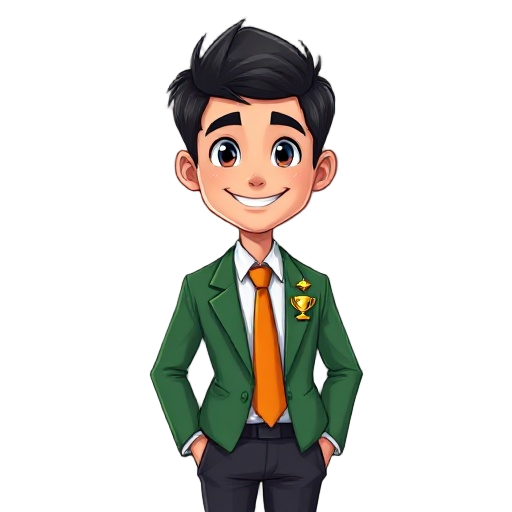 oung professional with short dark hair, a friendly smile, and sharp posture. they wear a green blazer, crisp white shirt, and orange tie with dark slacks. a pixel trophy lapel pin adds flair, symbolizing growth and energy