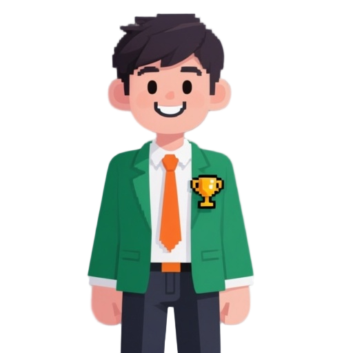 oung professional with short dark hair, a friendly smile, and sharp posture. they wear a green blazer, crisp white shirt, and orange tie with dark slacks. a pixel trophy lapel pin adds flair, symbolizing growth and energy