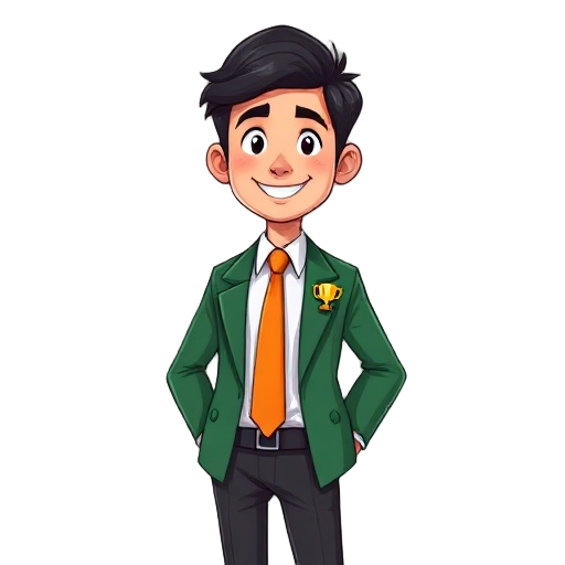 oung professional with short dark hair, a friendly smile, and sharp posture. they wear a green blazer, crisp white shirt, and orange tie with dark slacks. a pixel trophy lapel pin adds flair, symbolizing growth and energy