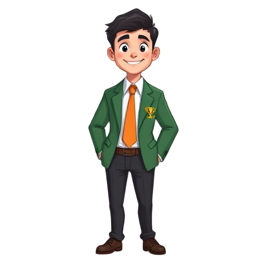 oung professional with short dark hair, a friendly smile, and sharp posture. they wear a green blazer, crisp white shirt, and orange tie with dark slacks. a pixel trophy lapel pin adds flair, symbolizing growth and energy