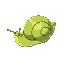 2d top down snail or slug. main color is green with a shell on its back.