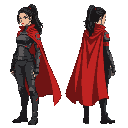 side view profile view of a full body badass asian cyberpunk woman wearing a cape. no background, natural lighting.