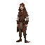side lateral view of a medieval man in brown cape and hood
