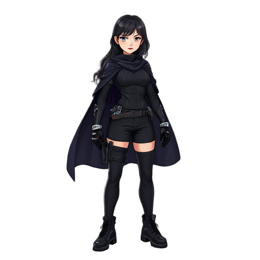 full body badass asian cyberpunk woman wearing a black cape and futuristic clothing.