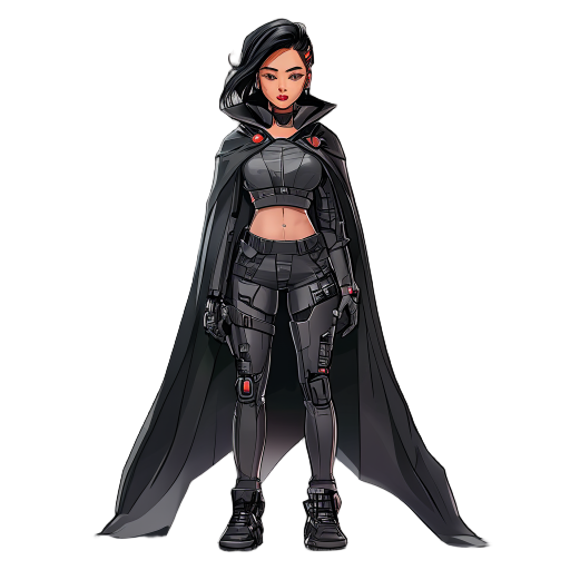 full body badass asian cyberpunk woman wearing a cape.