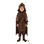 sidescroll view of a medieval man in brown cape and hood