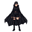 full body badass asian cyberpunk woman wearing a black cape and futuristic clothing.