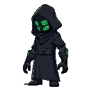 side view of a towering figure in a sleek, black hooded techno-robe. their face is obscured by a digital mask displaying real-time crypto market data in neon green. cybernetic arms