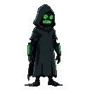 side view of a towering figure in a sleek, black hooded techno-robe. their face is obscured by a digital mask displaying real-time crypto market data in neon green. cybernetic arms