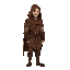 side view of a medieval man in brown cape and hood