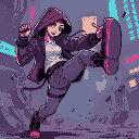 cyberpunk woman in a hood kicking something with one foot dynamically, cyberpunk edgerunners style