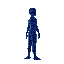 side view of holographic entity composed of glitching pixels, surrounded by floating cards. the body is a human silhouette made of flowing code and fragmented data, with phantom limbs that phase out. 