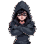 a cyberpunk woman in hood defending itself from an attack with her arms crossed comic book illustration