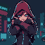 a cyberpunk woman in hood defending itself from an attack with her arms crossed covering her face
