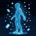 side view of holographic entity composed of glitching pixels, surrounded by floating cards. the body is a human silhouette made of flowing code and fragmented data, with phantom limbs that phase out. 