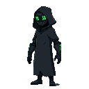 side view of a towering figure in a sleek, black hooded techno-robe. their face is obscured by a digital mask displaying real-time crypto market data in neon green. cybernetic arms