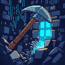digital pickaxe breaking through encrypted data blocks