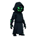 side view of a towering figure in a sleek, black hooded techno-robe. their face is obscured by a digital mask displaying real-time crypto market data in neon green. cybernetic arms