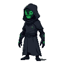 side view of a towering figure in a sleek, black hooded techno-robe. their face is obscured by a digital mask displaying real-time crypto market data in neon green. cybernetic arms