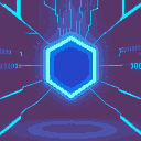 hexagonal digital shield made of blue light, binary code flowing through