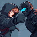 a cyberpunk woman in hood punching with her fist a soldier in the face, ghost in the shell style