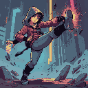 cyberpunk woman in a hood kicking something with one foot dynamically, cyberpunk edgerunners style