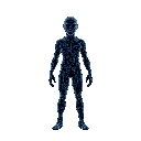 a holographic entity composed of glitching pixels. the core body resembles a human silhouette made of flowing code and fragmented data, with phantom limbs that phase out. surrounded by floating cards