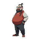 shopkeeper fat man, cyberpunk, ghost in the shell style, side view