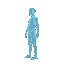 side view of holographic entity composed of glitching pixels, surrounded by floating cards. the body is a human silhouette made of flowing code and fragmented data, with phantom limbs that phase out. 