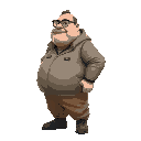 shopkeeper fat man cyberpunk, ghost in the shell style, side view