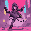 cyberpunk woman in a hood kicking something with one foot