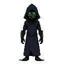 a towering figure in a sleek, black hooded techno-robe. their face is obscured by a digital mask displaying real-time crypto market data in neon green. cybernetic arms