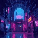 inside cyberpunk building lobby, with neon signs