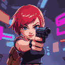 cyberpunk girl with red short hair with a pistol aiming