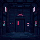 cyberpunk interior entry building lobby, night time, dark, pixel art style, "ghost in the shell" style