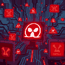 malicious code spreading through digital network, red warning symbols