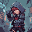 a cyberpunk girl in hood smashing a robot with her fist