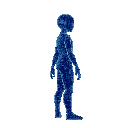 side view of a holographic entity composed of glitchs. the body resembles a human silhouette made of flowing code and fragmented data, with phantom limbs that phase out. surrounded by floating cards