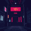 cyberpunk interior entry building lobby, night time, dark, pixel art style, "ghost in the shell" style