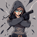 a cyberpunk woman in hood defending itself from an attack with her arms crossed comic book illustration