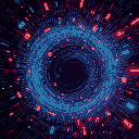 a swirling vortex of binary code with random symbols and glitch effects, dark background with neon highlights