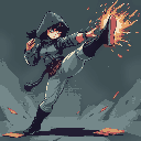 cyberpunk woman in a hood martial art kicking something with one foot dynamically, ghost in the shell style