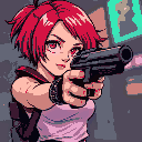cyberpunk girl with red short hair with a pistol aiming