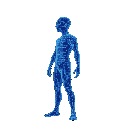 side view of holographic entity composed of glitching pixels, surrounded by floating cards. the body is a human silhouette made of flowing code and fragmented data, with phantom limbs that phase out.