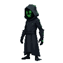 side view of a towering figure in a sleek, black hooded techno-robe. their face is obscured by a digital mask displaying real-time crypto market data in neon green. cybernetic arms