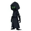 side view of a towering figure in a sleek, black hooded techno-robe. their face is obscured by a digital mask displaying real-time crypto market data in neon green. cybernetic arms