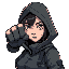 a cyberpunk woman in hood punching with her fist a soldier in the face, ghost in the shell style