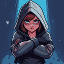a cyberpunk woman in hood defending itself from an attack with her arms crossed covering her chin
